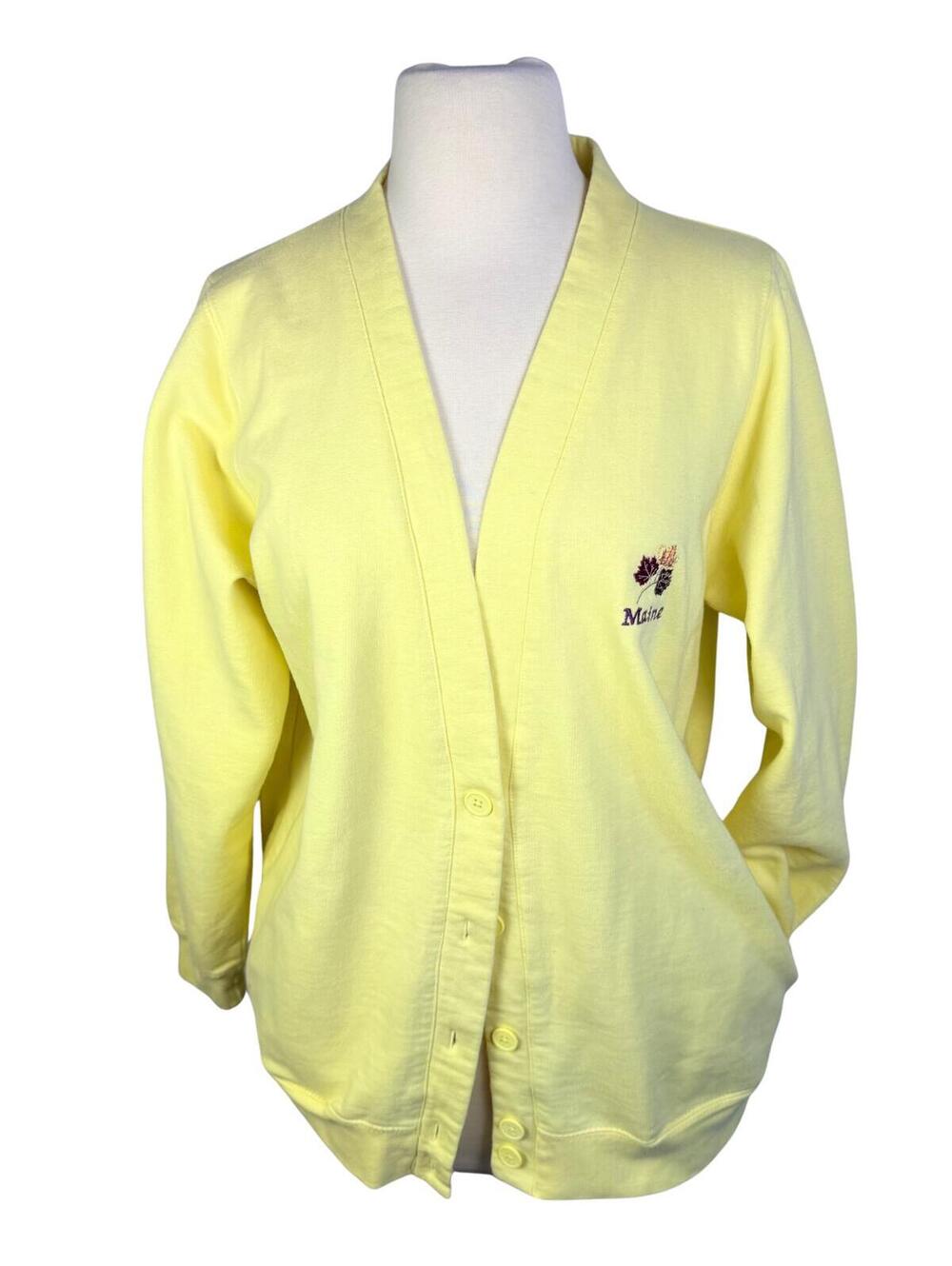 Vintage Maine Embroidered Cardigan Sweatshirt Butter Yellow Cottagecore Coastal